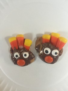 We had lots of fun making these turkeys! They're made from pretzels, rolos candy, reeses pieces, candy eyeballs, and candy corn. They were a delicious addition to our Thanksgiving lunch!
